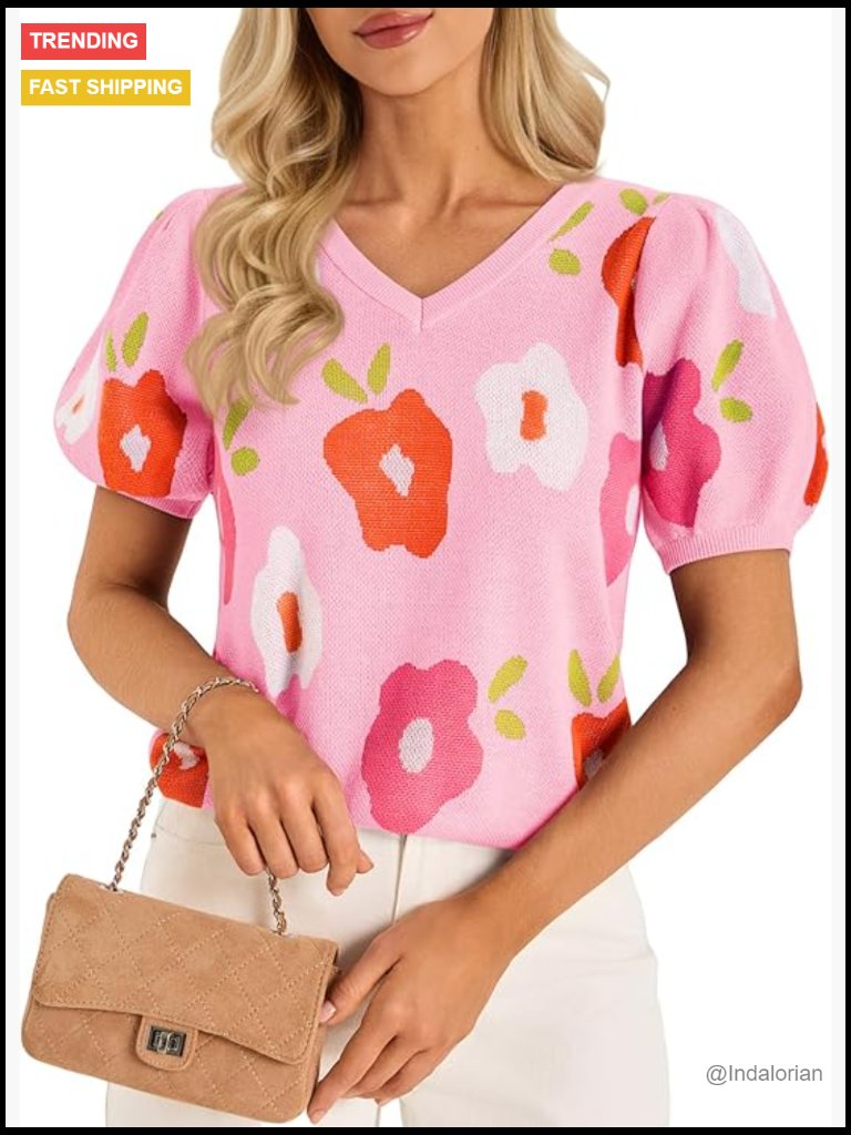Puff Sleeve V-Neck Pullover Sweater Top With Floral Design